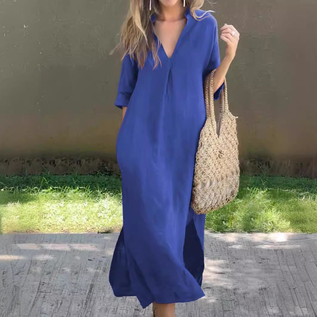 🌿💃【50% de descuento 🔥】【S–3XL】Vestido maxi de lino para verano, con cuello en V y aberturas laterales, cómodo