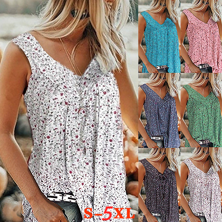 🎀【Kúp 1, získaj 1 zadarmo✨】【S–7XL】Dámsky elegantný bezrukávový top s potlačou a výstrihom do V vo veľkých veľkostiach