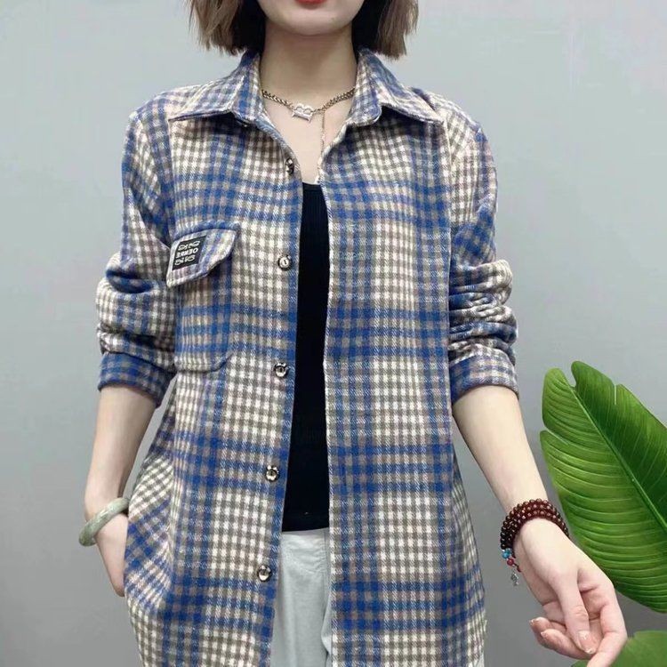 šNueva oferta -39%š„ćXL-5XLćCamisa de mujer a cuadros de mezcla de lana, forrada, de tallas grandes con manga larga