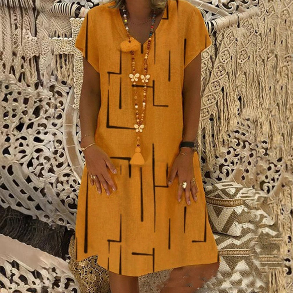 🥻🌲【50% OFF】👗【S-5XL】Nové bavlněné a lněné šaty s výstřihem do V s potiskem