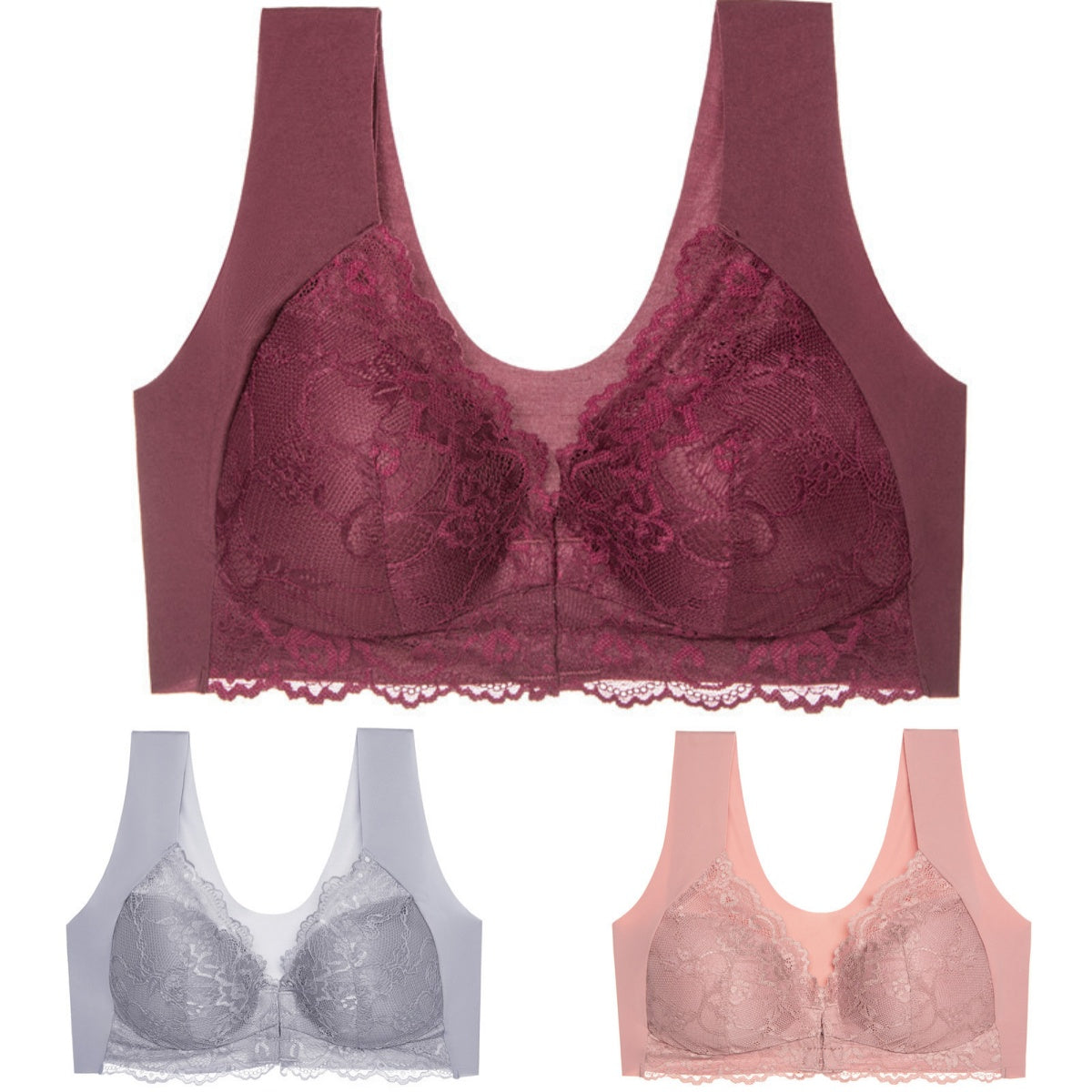 ✨【Compra 2 y llévate 1 gratis】【3 piezas】Sujetador grande con cierre frontal, sin aros, con bonito diseño en la espalda