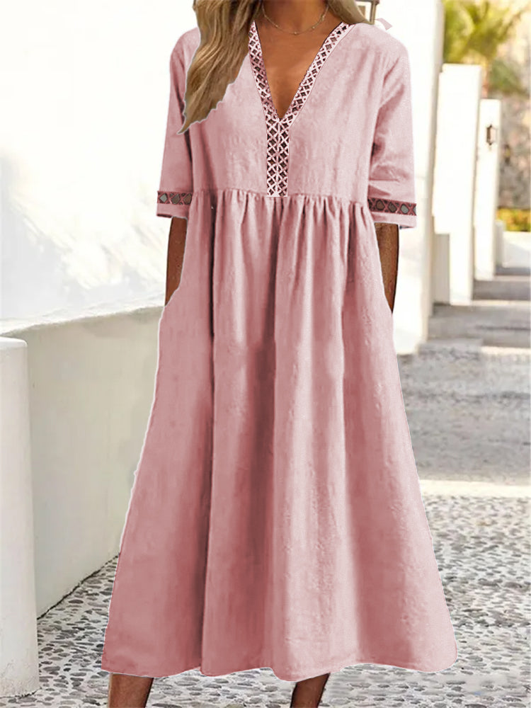 👗【–50% de descuento 🔥】😍 Vestido nuevo con encaje, cuello en V y mangas cortas