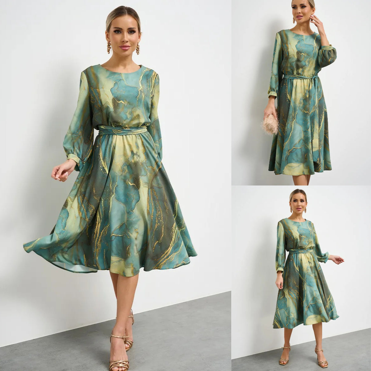 🌿Výpredaj na konci sezóny -49% 👗 Elegantné zelené šaty s dlhými rukávmi a sukňou 🌸