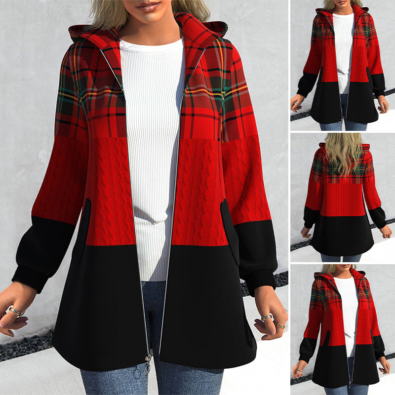 💃【Sezónna zľava -48% 🔥🔥】Dámska mikina na zips s kapucňou, farebná kockovaná patchwork bunda