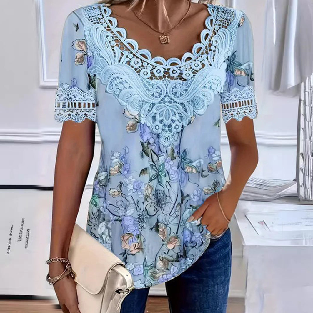 💥【Descuento por nuevo producto -50%】💐 Blusa con encaje estampado y escote en V para mujer