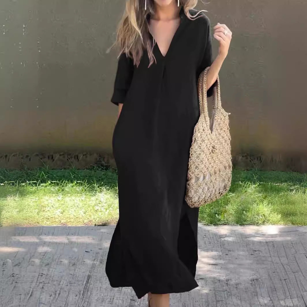 🌿💃【50% de descuento 🔥】【S–3XL】Vestido maxi de lino para verano, con cuello en V y aberturas laterales, cómodo