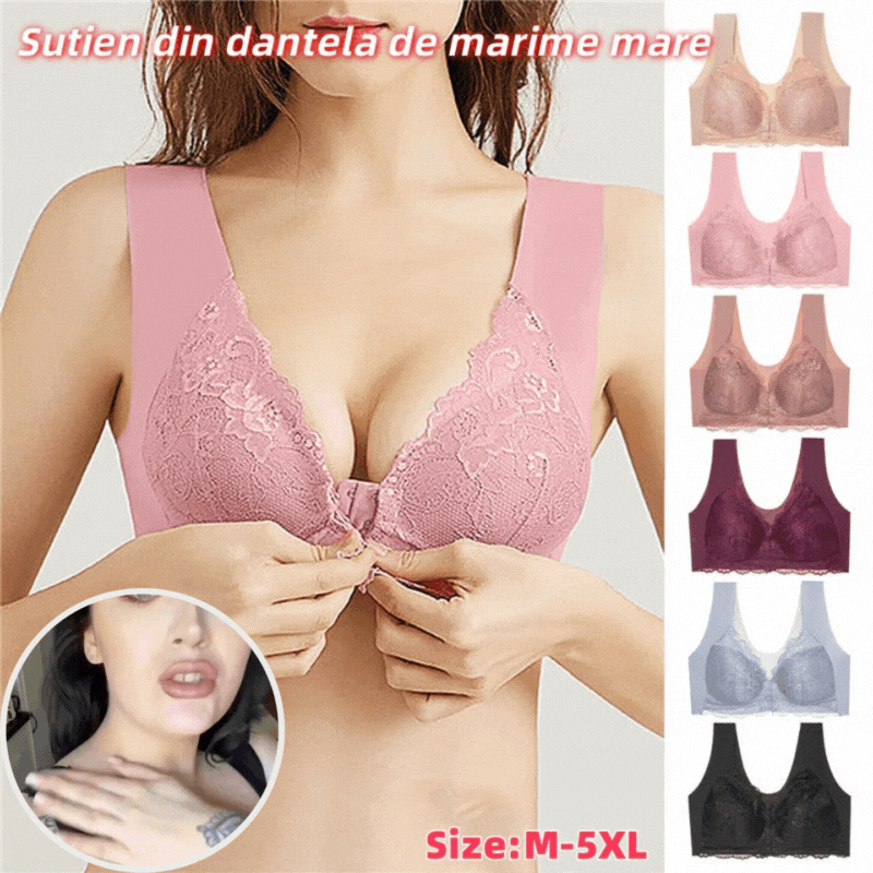 ✨【Compra 2 y llévate 1 gratis】【3 piezas】Sujetador grande con cierre frontal, sin aros, con bonito diseño en la espalda