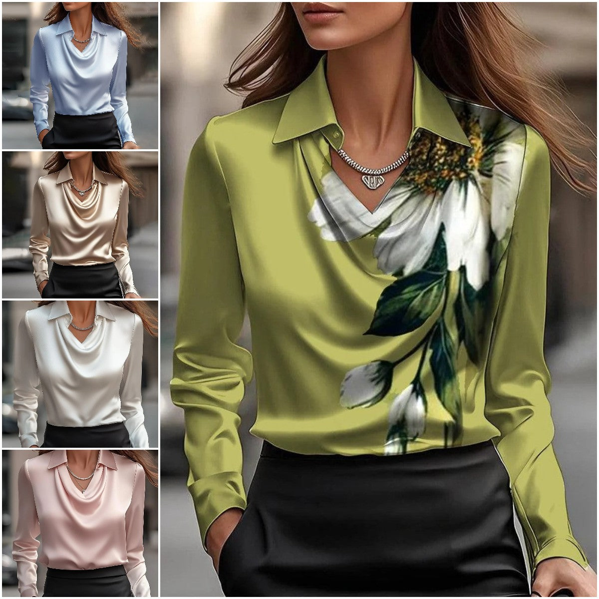 🔥✨【14 colores】Camisa sencilla para mujer con estampado y cuello plegable, se pueden seleccionar varios colores.
