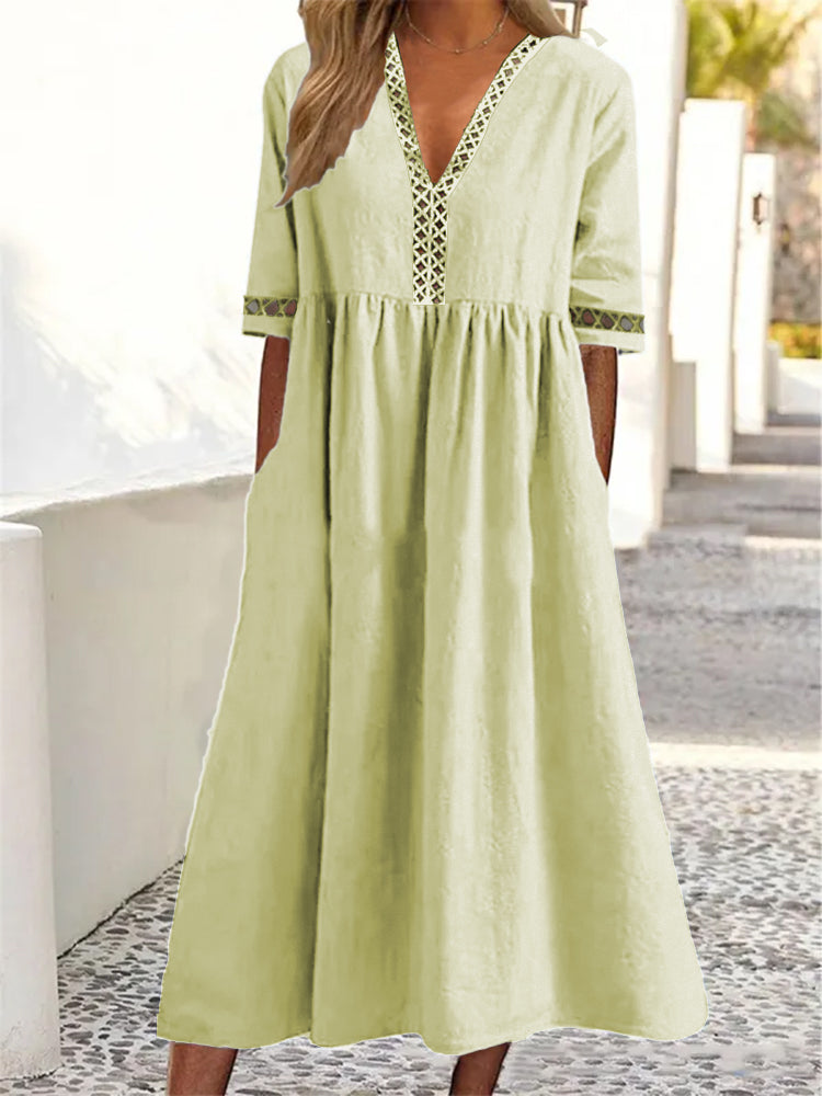 👗【–50% de descuento 🔥】😍 Vestido nuevo con encaje, cuello en V y mangas cortas