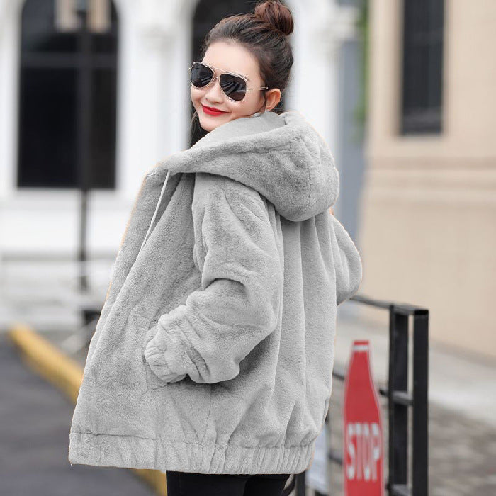🎁🐏【M-4XL】Chaqueta con capucha de peluche para mujer, nueva de invierno, con forro cálido y grueso