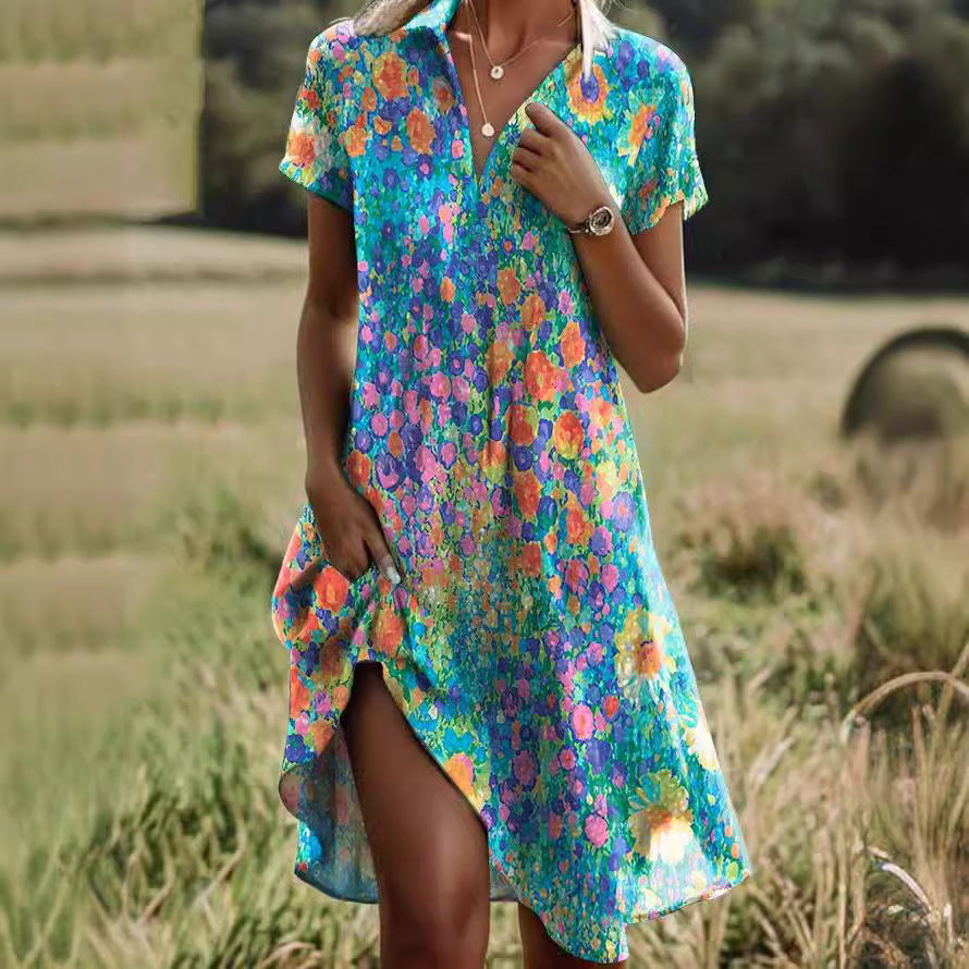 👗【Zľava 50 % ✨✨】Letné nové boho šaty s krátkym rukávom, výstrihom do V a stojatým golierom, s potlačou