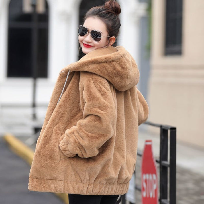 🎁🐏【M-4XL】Chaqueta con capucha de peluche para mujer, nueva de invierno, con forro cálido y grueso