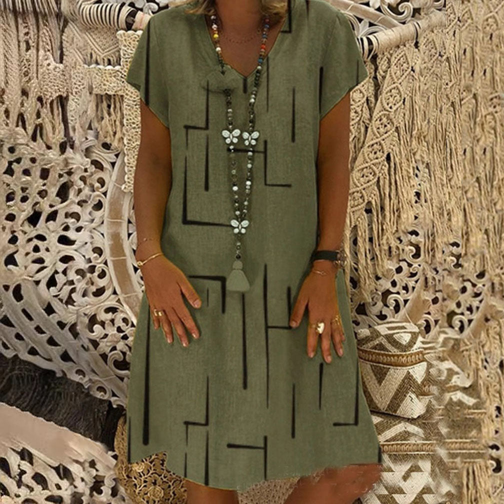 🥻🌲【50% OFF】👗【S-5XL】Nové bavlněné a lněné šaty s výstřihem do V s potiskem