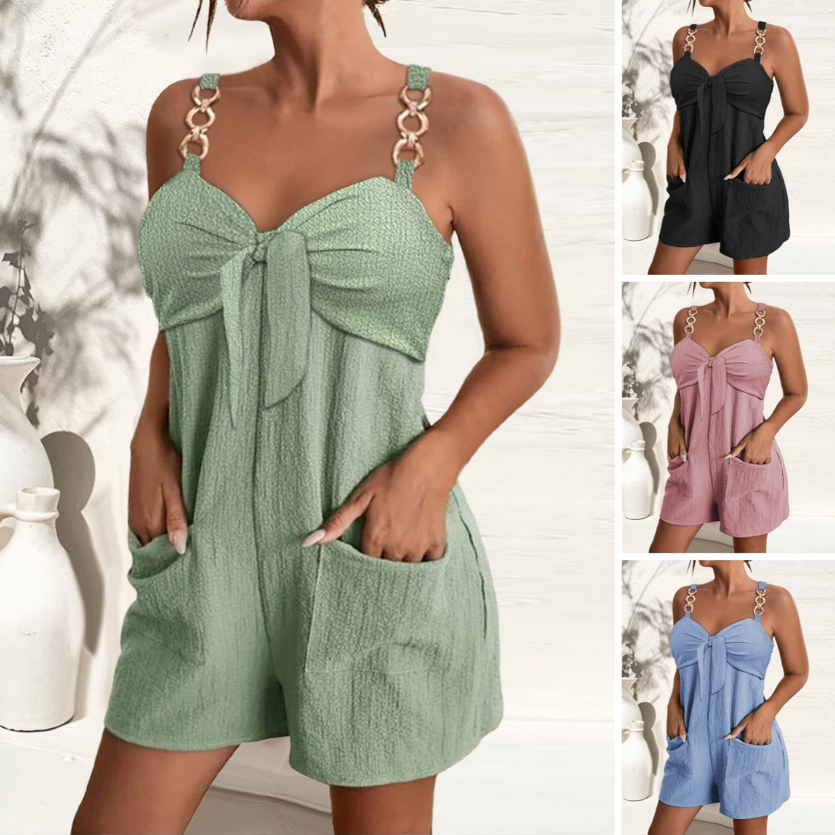 🎀👖【– 50% de descuento 🔥】【S–2XL】Mono con tirantes para mujer con anillos decorativos