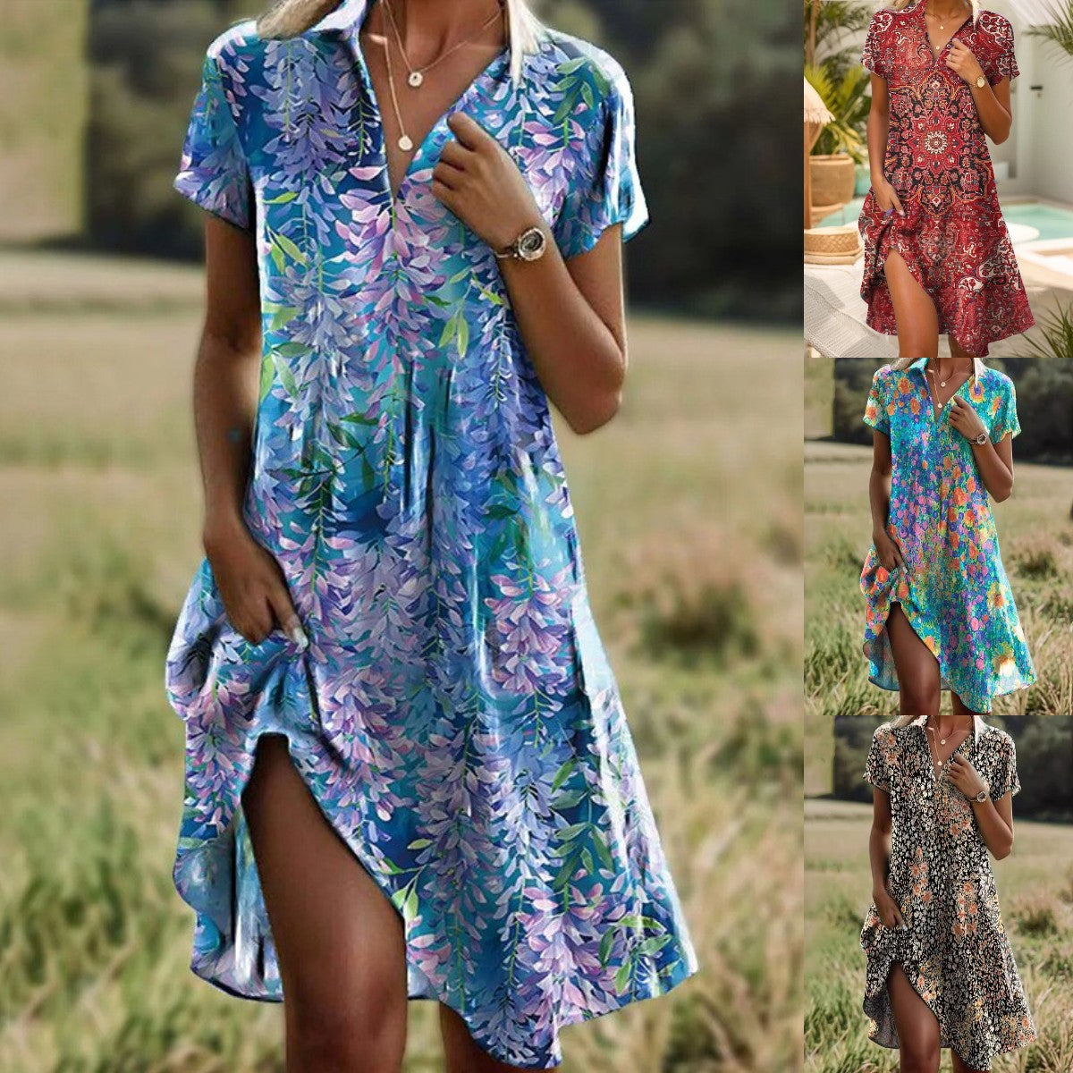 👗【Zľava 50 % ✨✨】Letné nové boho šaty s krátkym rukávom, výstrihom do V a stojatým golierom, s potlačou