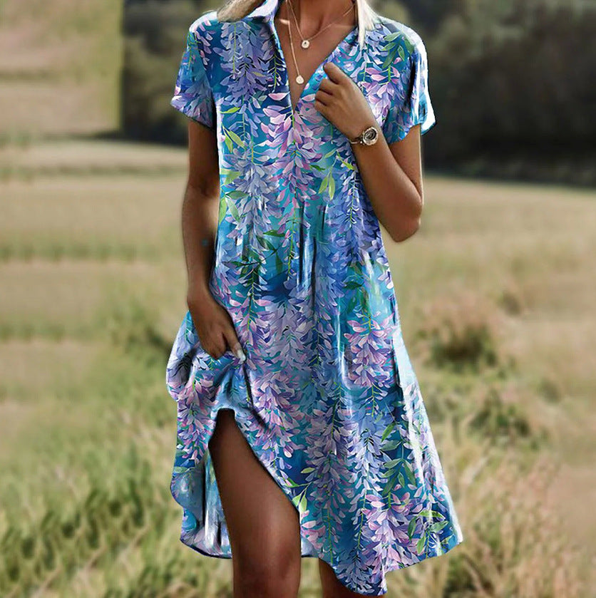 👗【Zľava 50 % ✨✨】Letné nové boho šaty s krátkym rukávom, výstrihom do V a stojatým golierom, s potlačou