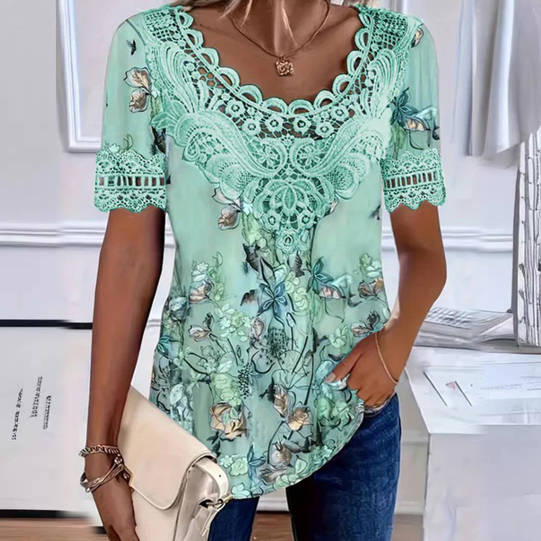 💥【Descuento por nuevo producto -50%】💐 Blusa con encaje estampado y escote en V para mujer