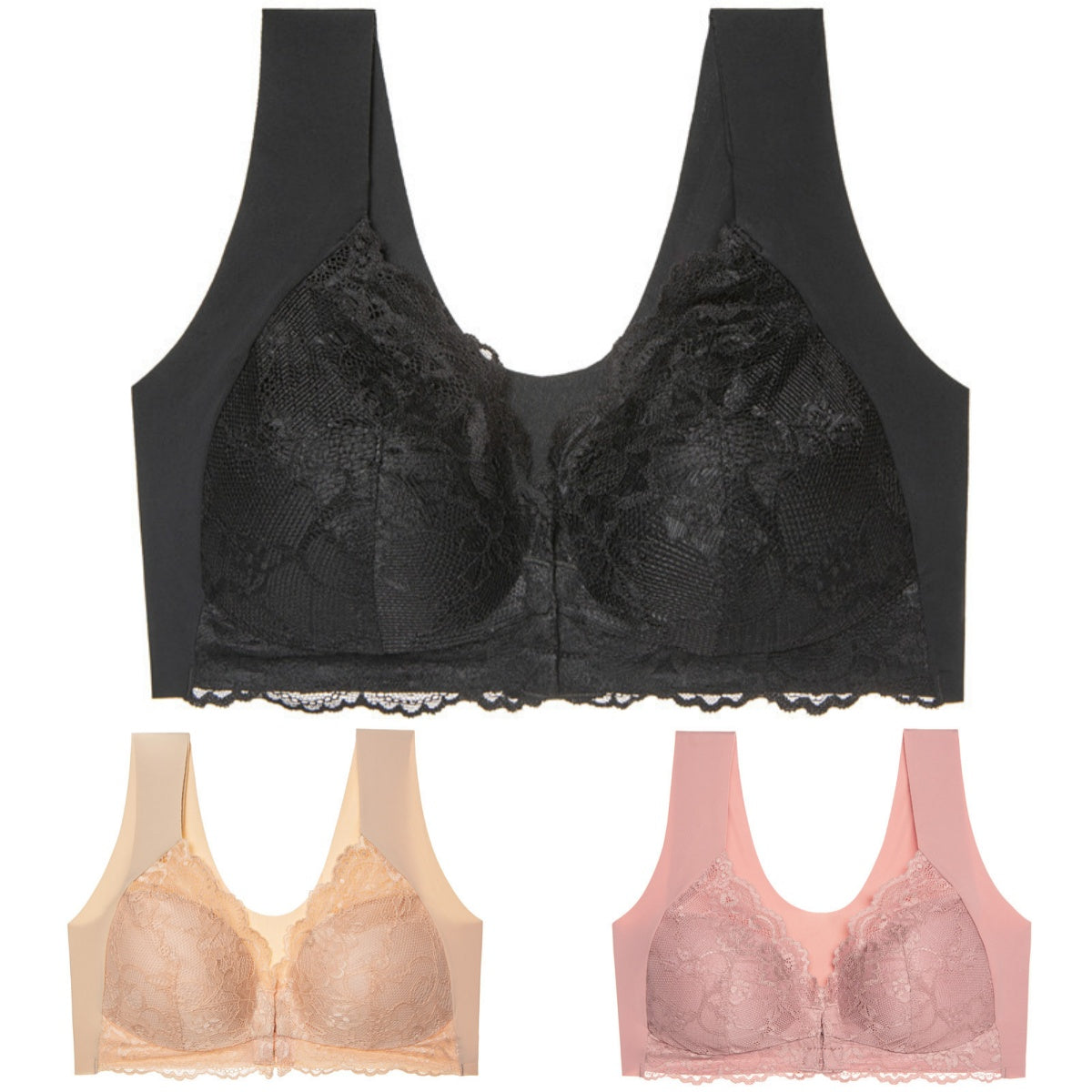 ✨【Compra 2 y llévate 1 gratis】【3 piezas】Sujetador grande con cierre frontal, sin aros, con bonito diseño en la espalda