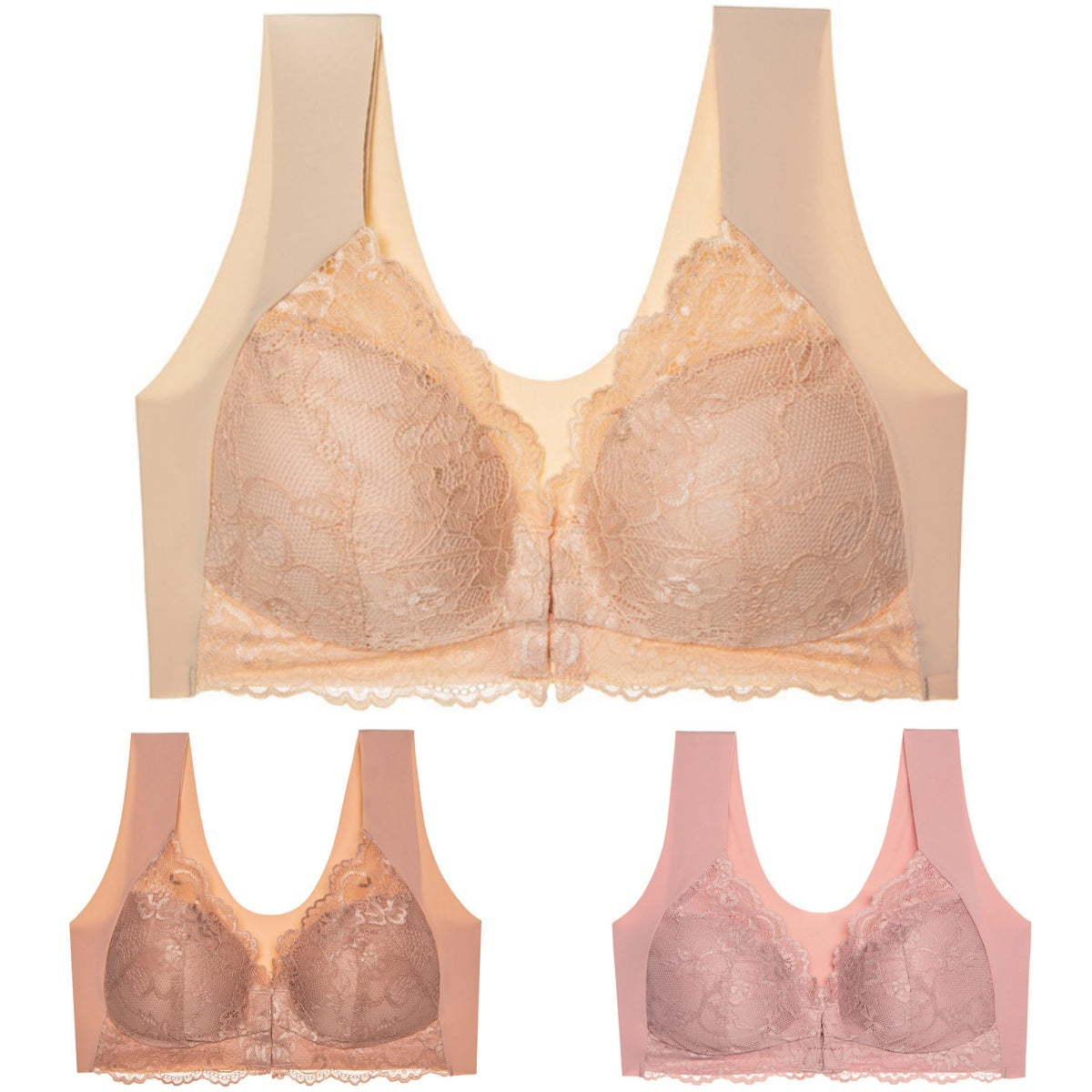 ✨【Compra 2 y llévate 1 gratis】【3 piezas】Sujetador grande con cierre frontal, sin aros, con bonito diseño en la espalda