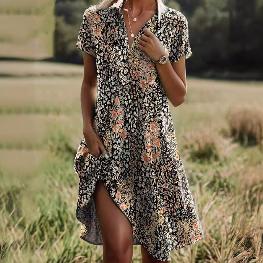👗【Zľava 50 % ✨✨】Letné nové boho šaty s krátkym rukávom, výstrihom do V a stojatým golierom, s potlačou