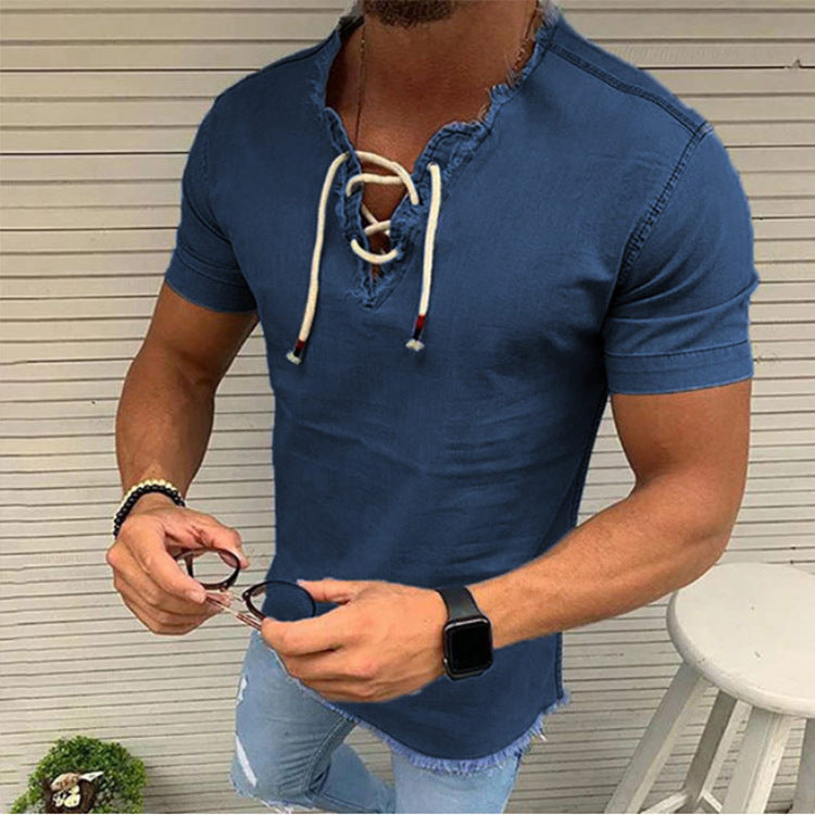 🤠【S–4XL✨】👔 Pánske krátke tričko s šnúrkami z elastického denimu, vo väčších veľkostiach