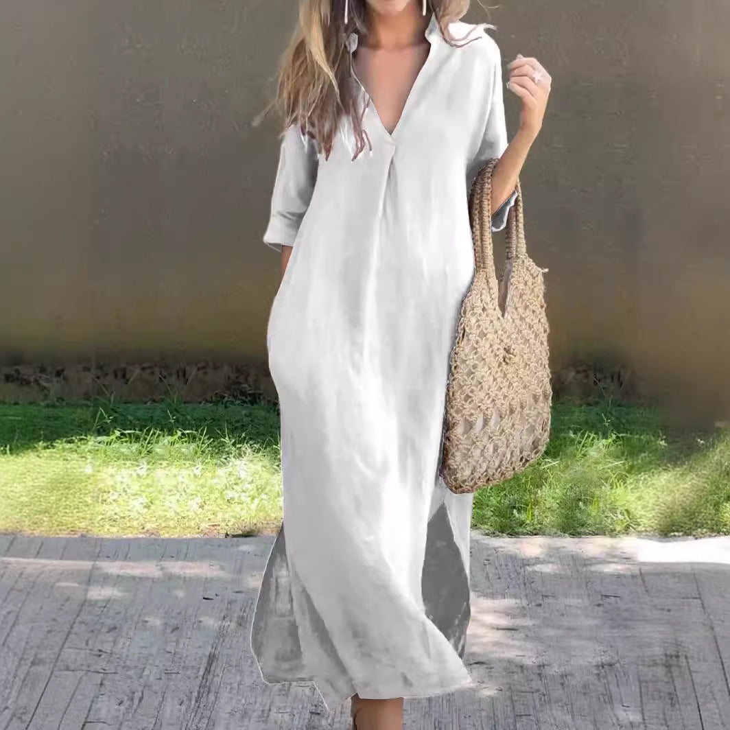 🌿💃【50% de descuento 🔥】【S–3XL】Vestido maxi de lino para verano, con cuello en V y aberturas laterales, cómodo