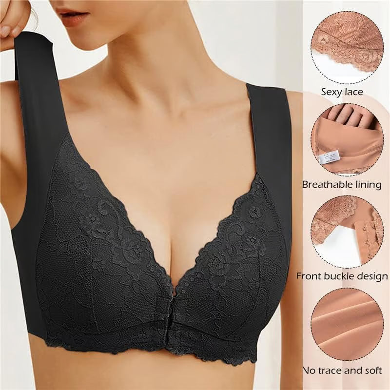 ✨【Compra 2 y llévate 1 gratis】【3 piezas】Sujetador grande con cierre frontal, sin aros, con bonito diseño en la espalda