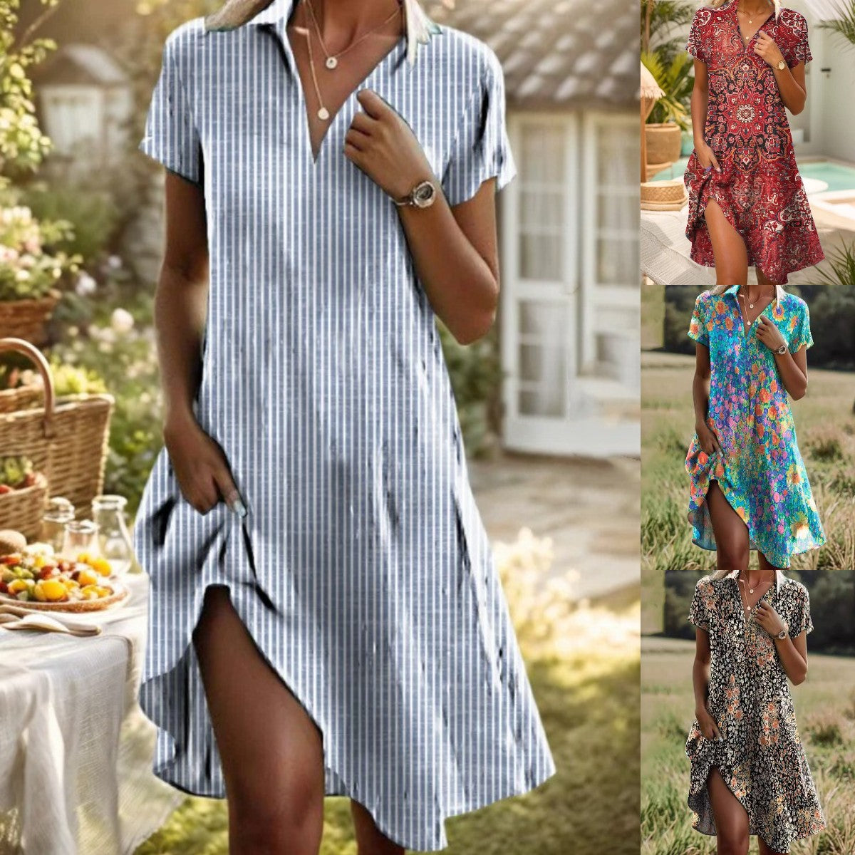 👗【Zľava 50 % ✨✨】Letné nové boho šaty s krátkym rukávom, výstrihom do V a stojatým golierom, s potlačou