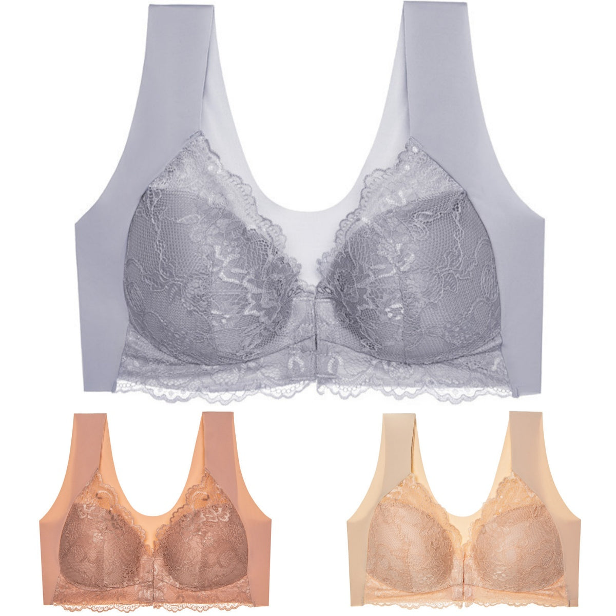 ✨【Compra 2 y llévate 1 gratis】【3 piezas】Sujetador grande con cierre frontal, sin aros, con bonito diseño en la espalda