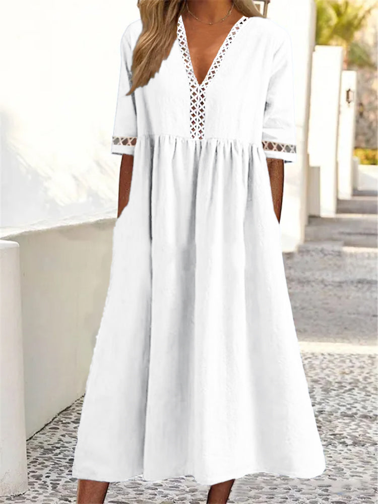 👗【–50% de descuento 🔥】😍 Vestido nuevo con encaje, cuello en V y mangas cortas