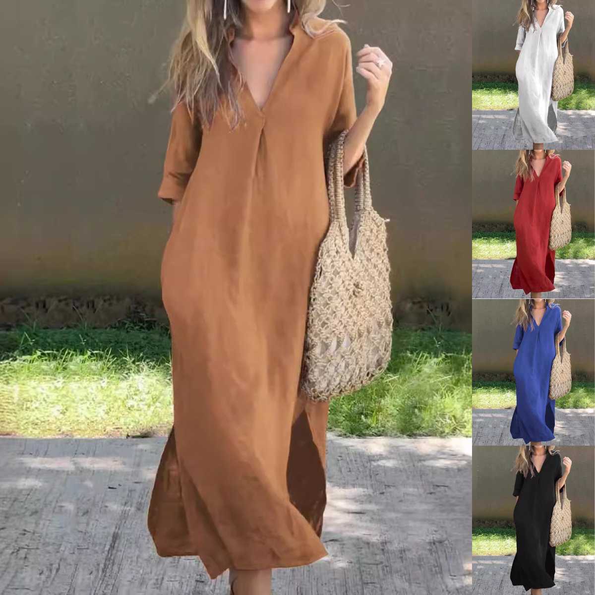 🌿💃【50% de descuento 🔥】【S–3XL】Vestido maxi de lino para verano, con cuello en V y aberturas laterales, cómodo