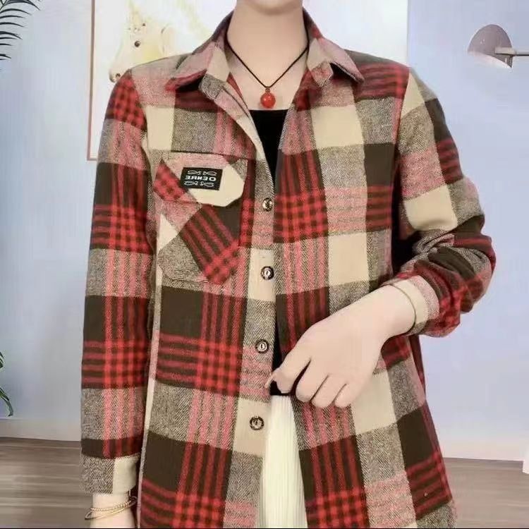 šNueva oferta -39%š„ćXL-5XLćCamisa de mujer a cuadros de mezcla de lana, forrada, de tallas grandes con manga larga