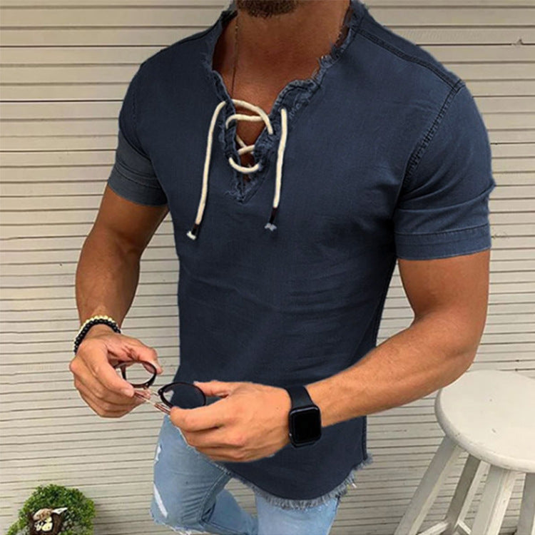 🤠【S–4XL✨】👔 Pánske krátke tričko s šnúrkami z elastického denimu, vo väčších veľkostiach