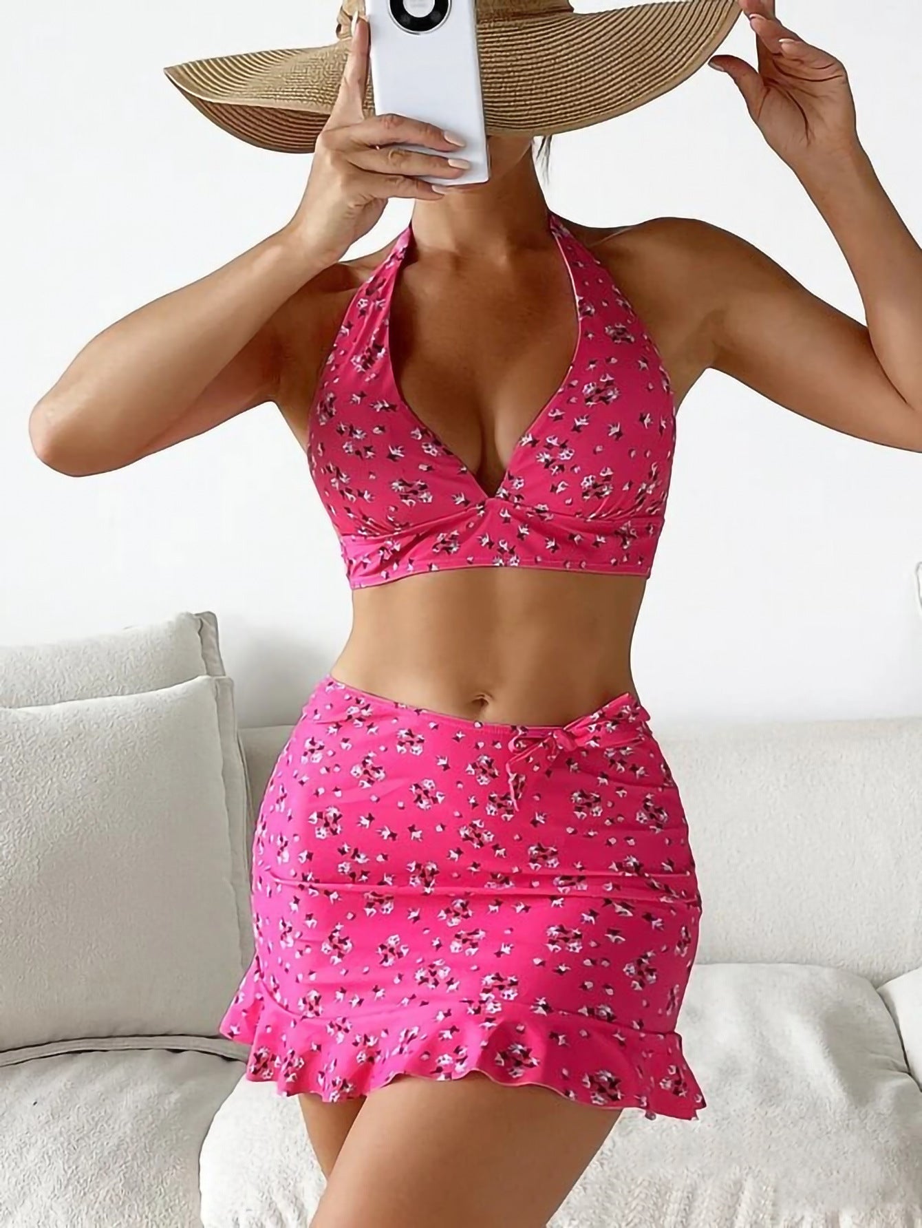 🌼🌼【50% de descuento 🔥】😍 Nuevo traje de baño de tres piezas para mujer con estampado floral y lazo, bikini bicolor