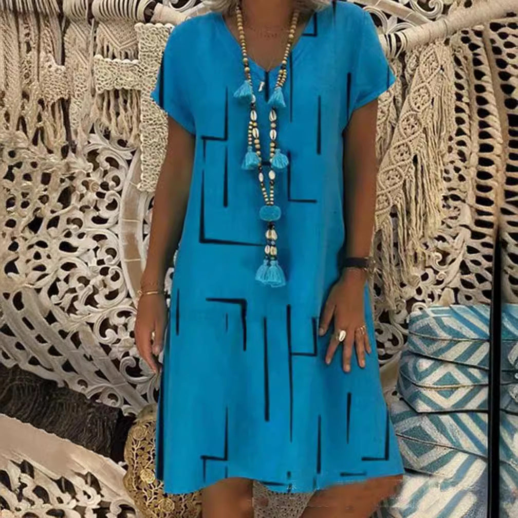 🥻🌲【50% OFF】👗【S-5XL】Nové bavlněné a lněné šaty s výstřihem do V s potiskem