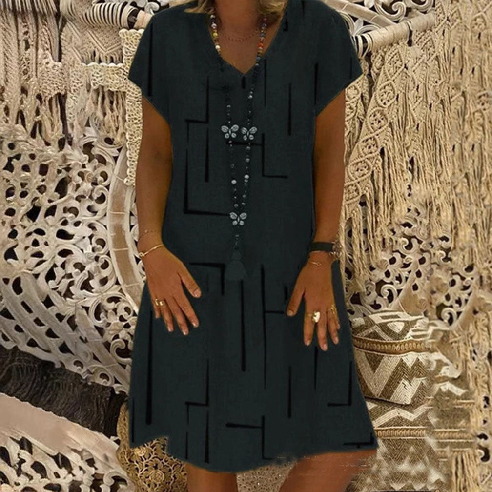 🥻🌲【50% OFF】👗【S-5XL】Nové bavlněné a lněné šaty s výstřihem do V s potiskem