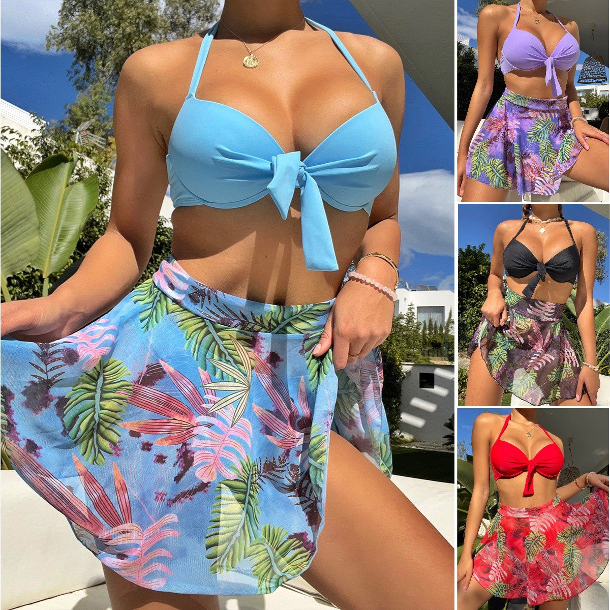 🏊👙🌴2025 costum de baie sexy din trei piese pentru femei, rochie de plajă cu imprimeu