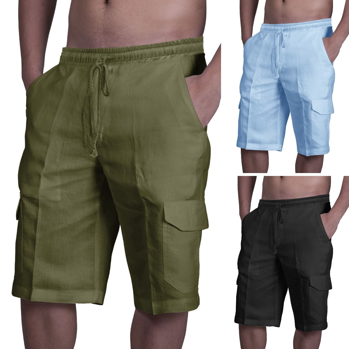 ⛵【50% zľava 🔥】【50–100 kg】Pánske ľanové cargo šortky so šnúrkou a viacerými vreckami