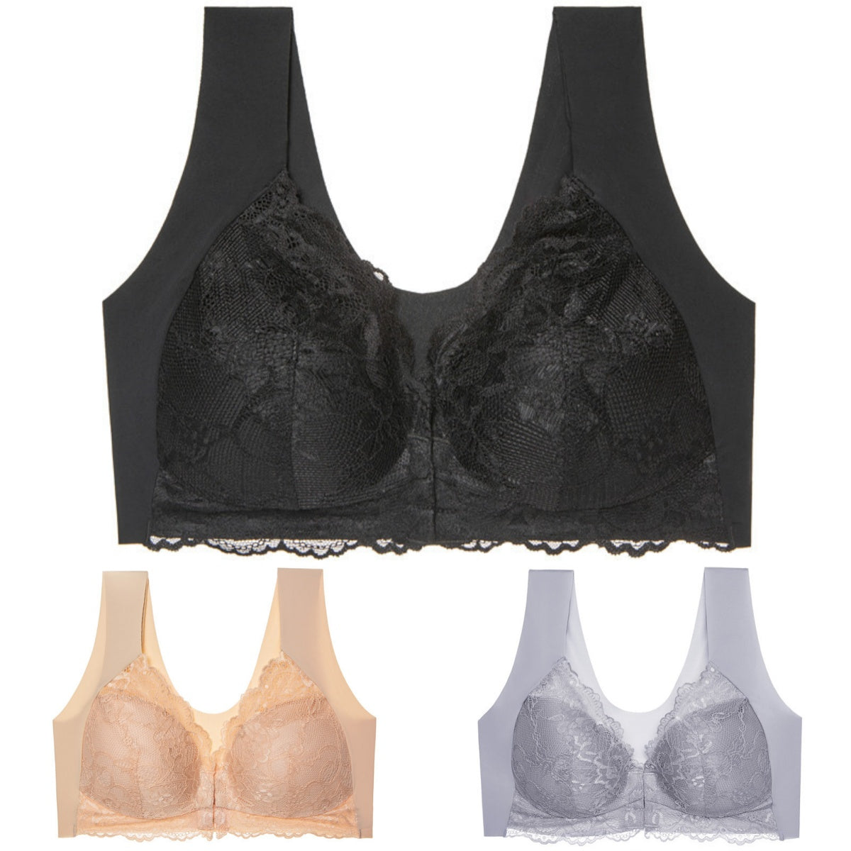 ✨【Compra 2 y llévate 1 gratis】【3 piezas】Sujetador grande con cierre frontal, sin aros, con bonito diseño en la espalda