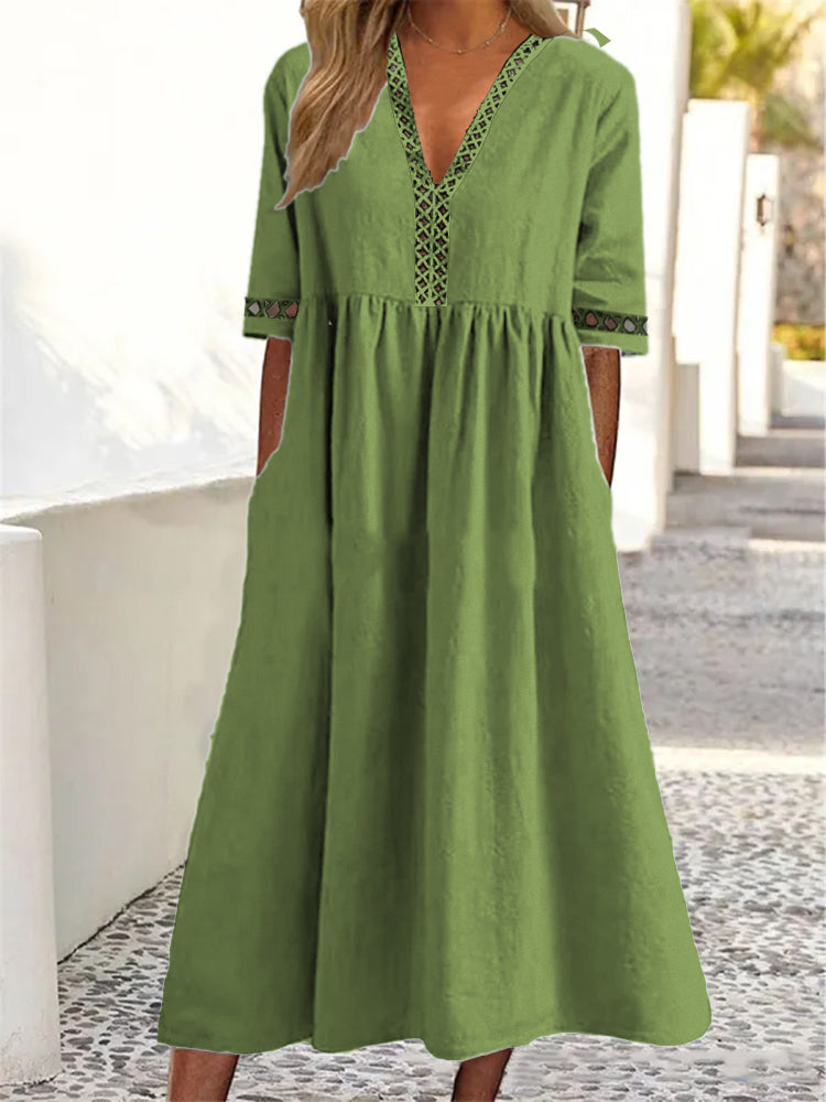 👗【–50% de descuento 🔥】😍 Vestido nuevo con encaje, cuello en V y mangas cortas