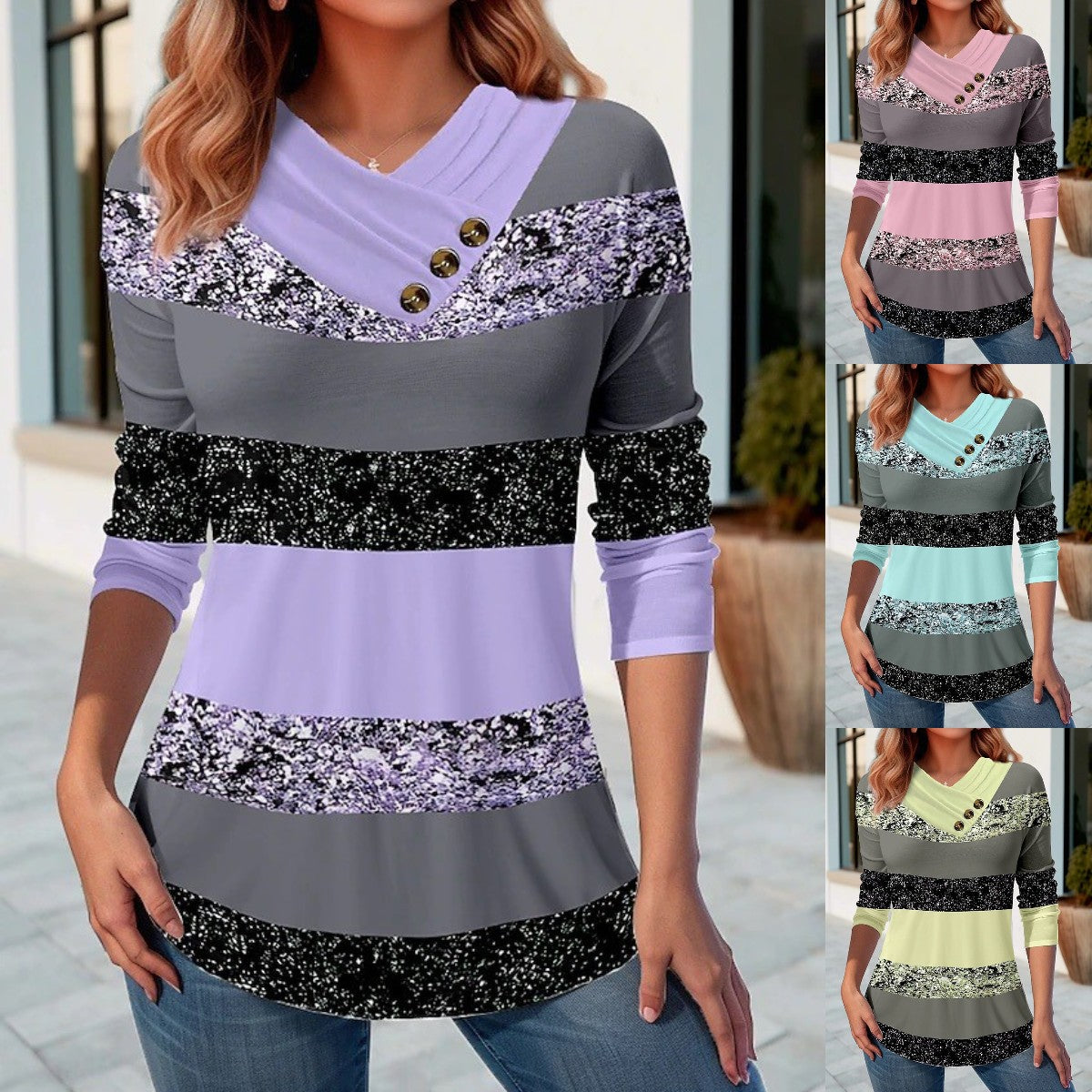 👚【50% zľava 🔥🔥】【S-5XL】Dámsky nový jesenný a zimný top s kontrastnými farbami, výstrihom do V a dlhým rukávom