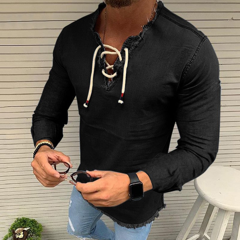 🤠【S–4XL✨】👔 Pánske krátke tričko s šnúrkami z elastického denimu, vo väčších veľkostiach