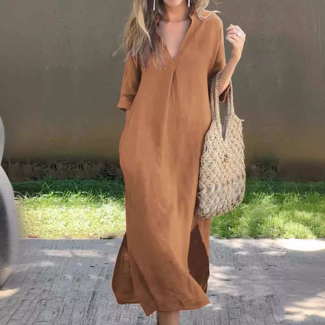 🌿💃【50% de descuento 🔥】【S–3XL】Vestido maxi de lino para verano, con cuello en V y aberturas laterales, cómodo