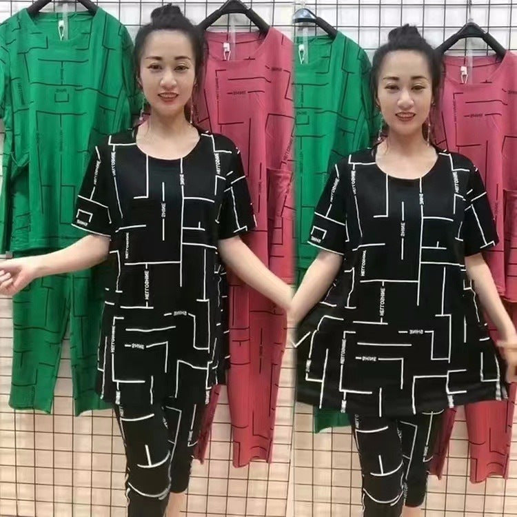 【Top + kalhoty】🔥Kupte 1 a získejte 1 zdarma🔥Nový styl dámského kostýmu s krátkým rukávem pro ženy středního a staršího věku z roku 2025