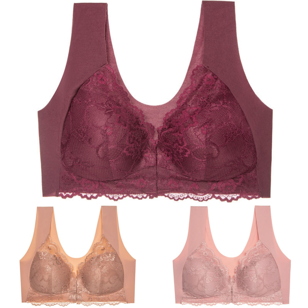 ✨【Compra 2 y llévate 1 gratis】【3 piezas】Sujetador grande con cierre frontal, sin aros, con bonito diseño en la espalda