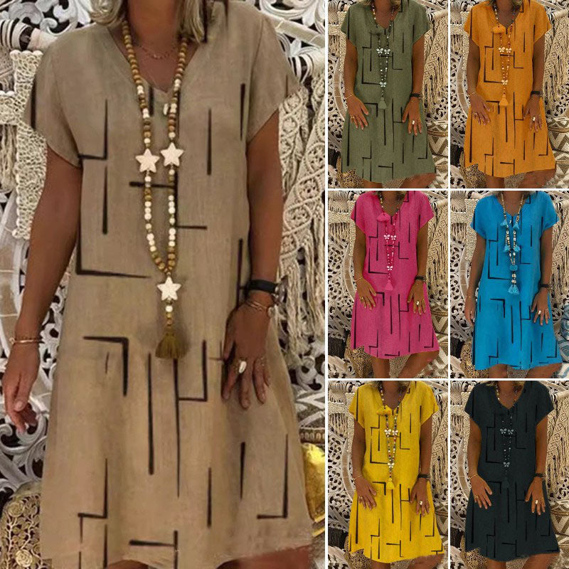 🌲😍【Compra 1 y llévate 1 gratis 🔥🔥】Nuevo vestido de algodón y lino con cuello en V y estampado – Oferta de fin de temporada