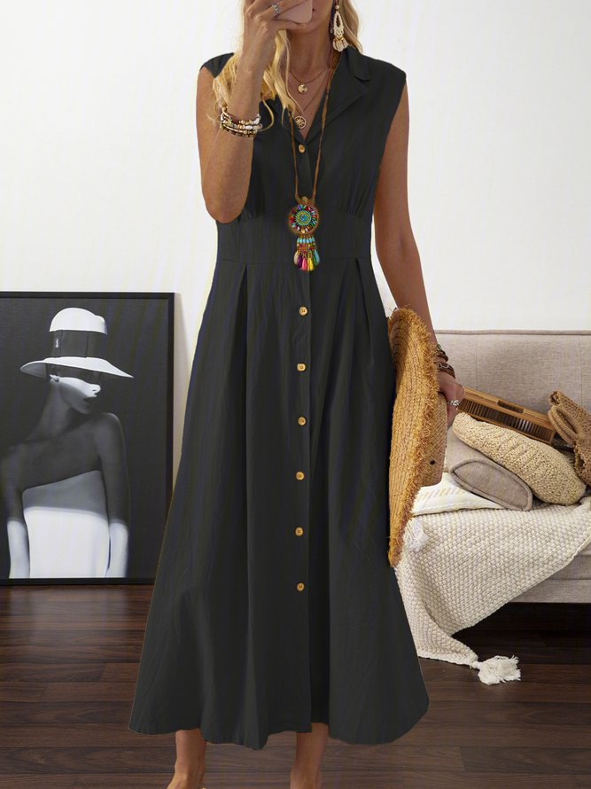 🎀💃【50% de descuento 💥】【S–3XL】Vestido de algodón y lino para mujer plus size, con cuello tipo blazer y botones, ligero y transpirable