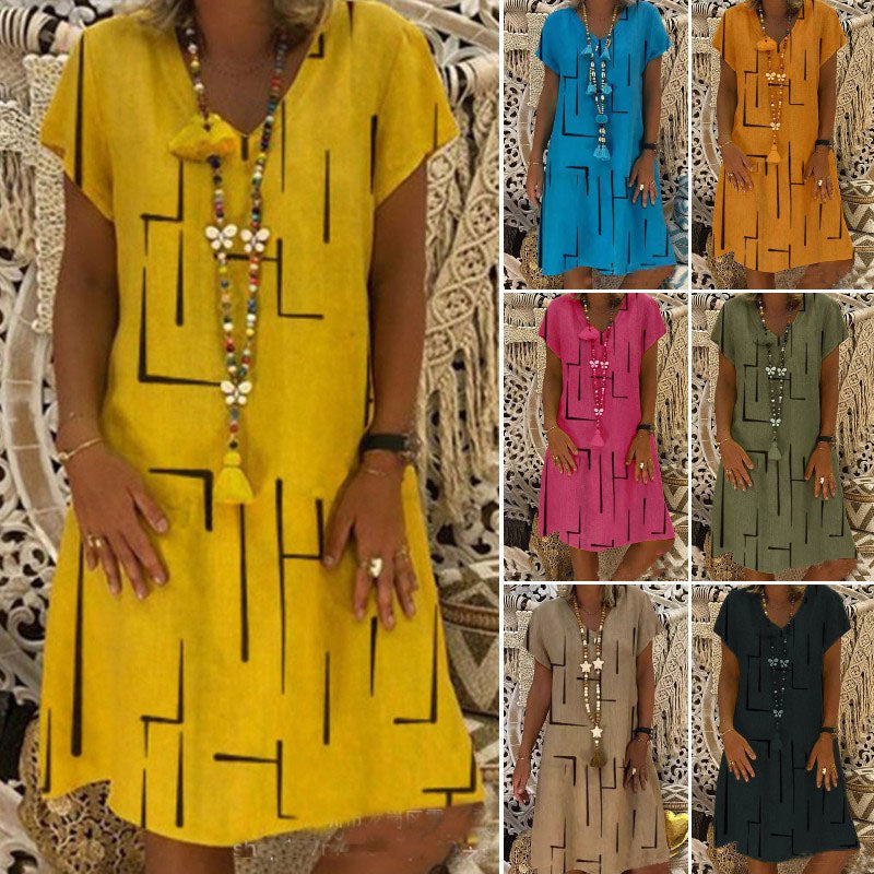 🥻🌲【50% OFF】👗【S-5XL】Nové bavlněné a lněné šaty s výstřihem do V s potiskem