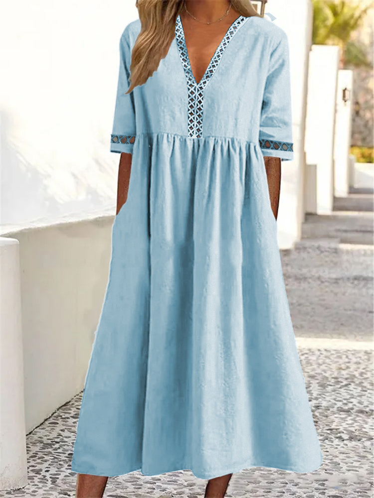 👗【–50% de descuento 🔥】😍 Vestido nuevo con encaje, cuello en V y mangas cortas