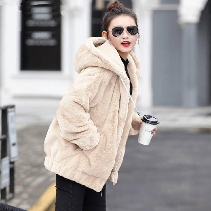 🎁🐏【M-4XL】Chaqueta con capucha de peluche para mujer, nueva de invierno, con forro cálido y grueso